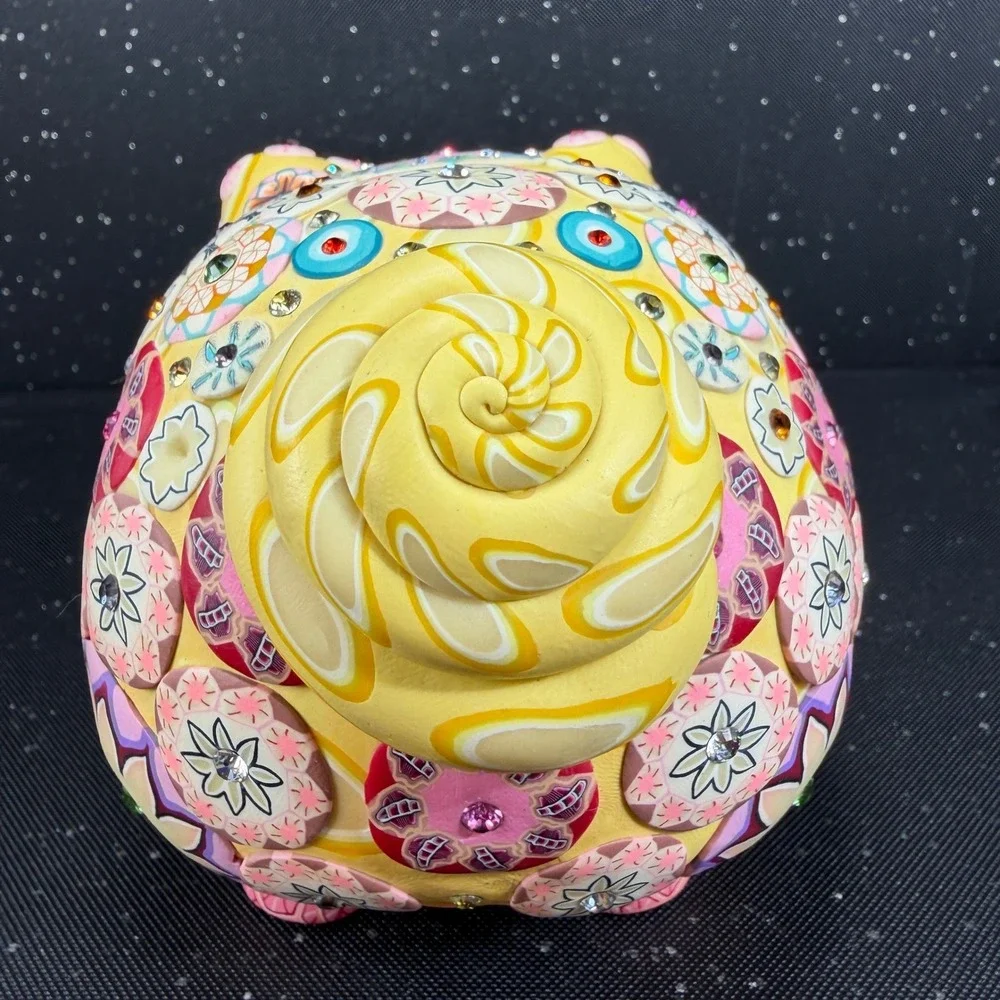Billie Beads 2003 Handcrafted Piggy Bank Yellow Floral Millefiori Rhinestone 7in